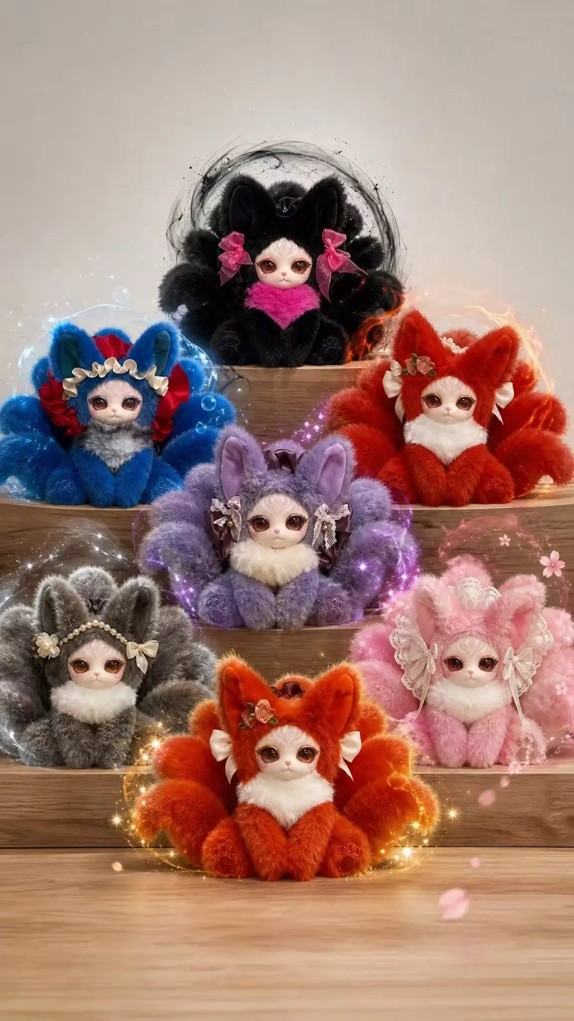 A collection of nine-tailed fox plush collectibles in various colors including blue, red, purple, and orange.