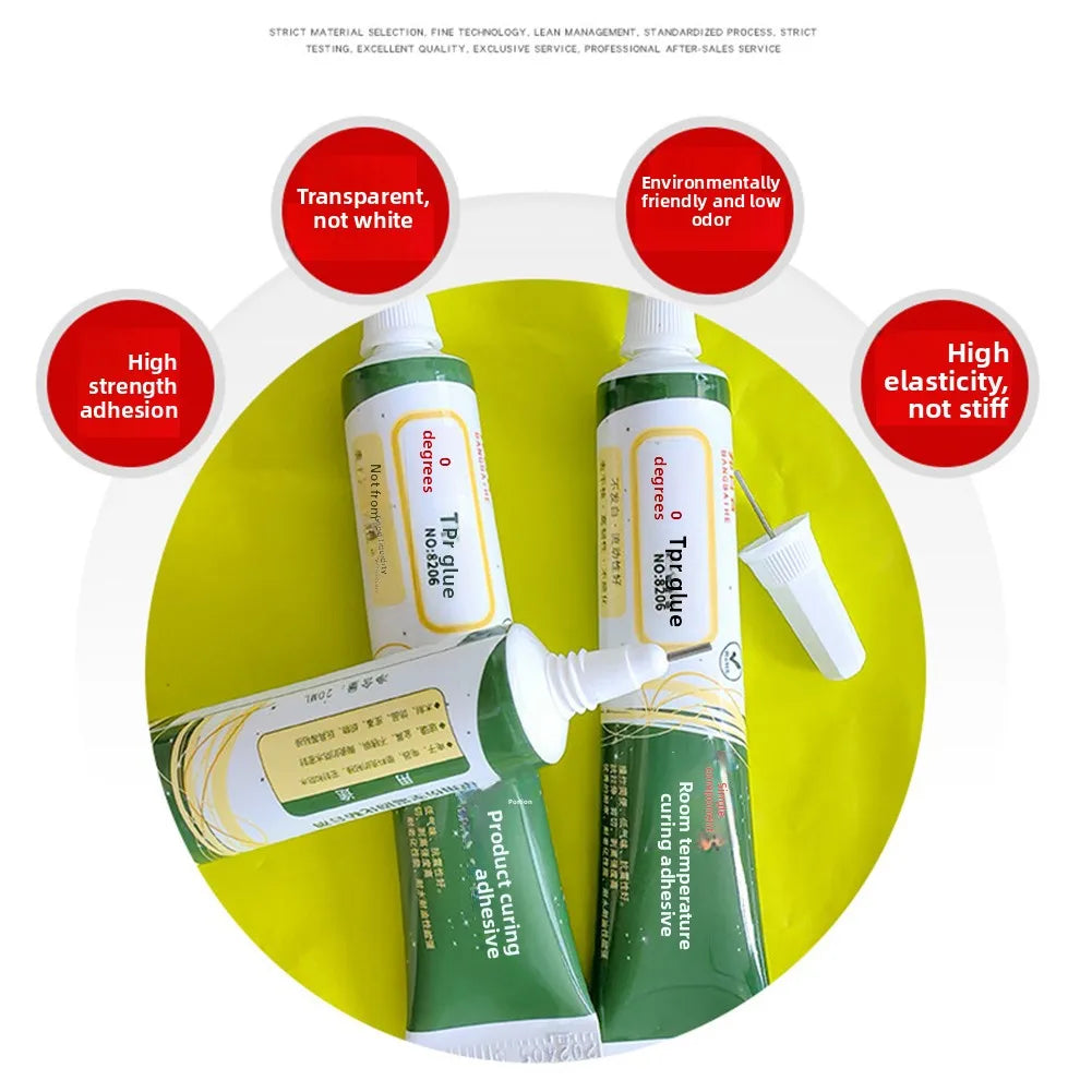 A green bottle of transparent TPR glue is shown with surrounding icons highlighting its features like high strength adhesion 