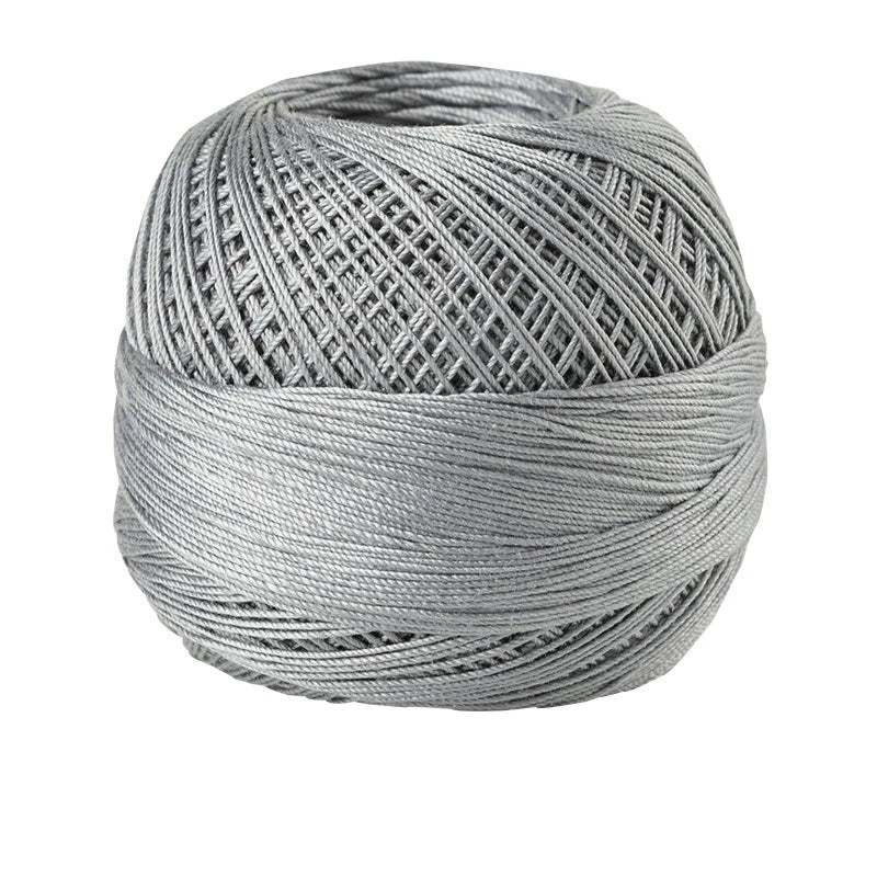 A ball of gray 100% cotton crochet thread used for tatting and embroidery.