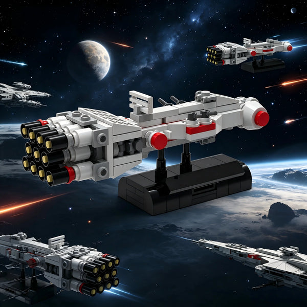 A detailed model of a futuristic space exploration ship built from building blocks, set against a backdrop of stars and Earth
