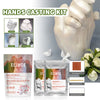 A complete 3D hand casting kit showing various molds and finished casts, including sandpaper and bamboo sticks for making kee