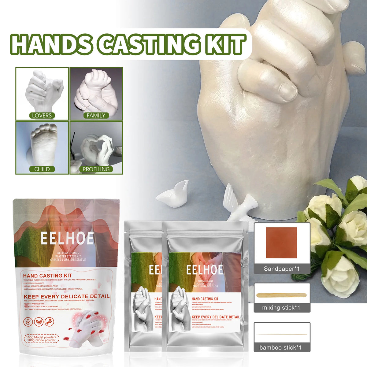 A complete 3D hand casting kit showing various molds and finished casts, including sandpaper and bamboo sticks for making kee