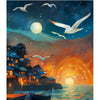 A painting depicting a sunset over water with silhouetted buildings and flying white birds against a dark blue sky.