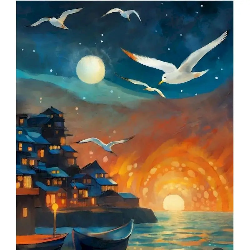 A painting depicting a sunset over water with silhouetted buildings and flying white birds against a dark blue sky.