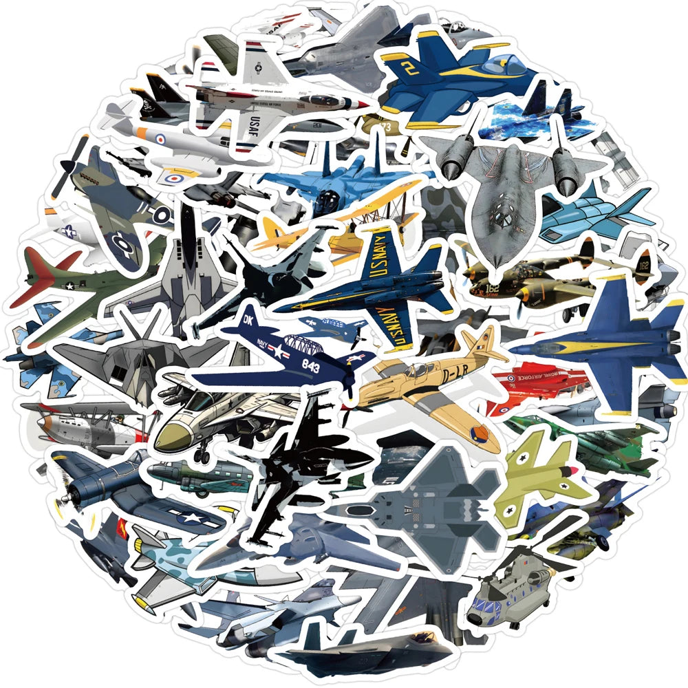A circular arrangement of various military fighter jet graphics and decals.