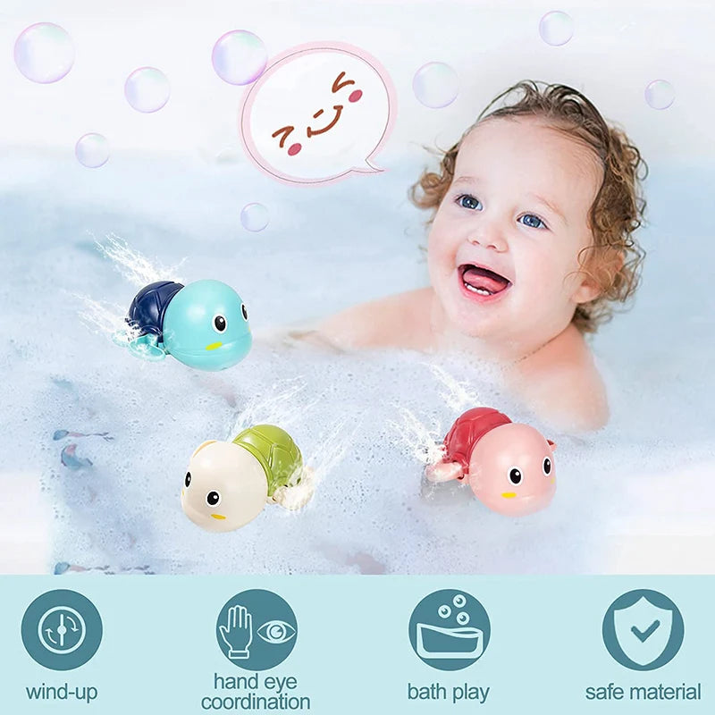 A baby is playing in a bathtub with a cartoon monkey shower toy and water sprinkler, demonstrating hand coordination.