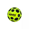 A bright yellow foam ball with black circular holes, labeled Moon Ball.