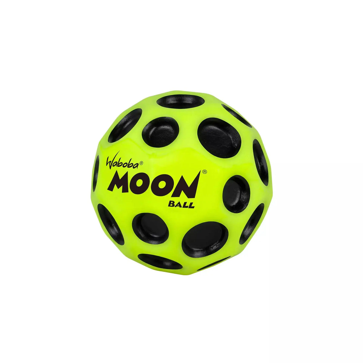 A bright yellow foam ball with black circular holes, labeled Moon Ball.