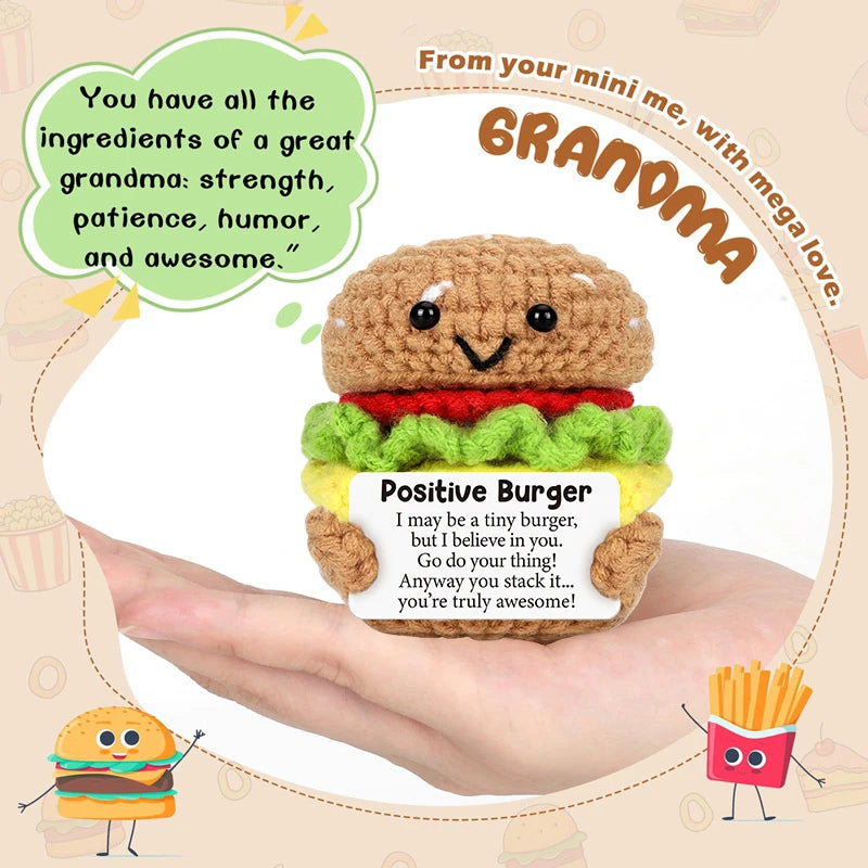 Handmade Crochet Hamburger and Donut Desk Decor with Positive Message Card