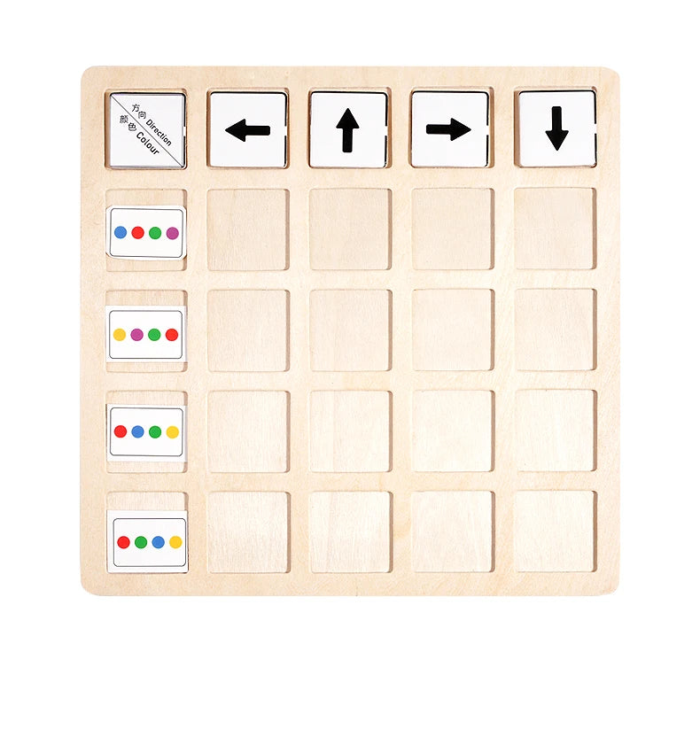 A wooden Montessori direction game featuring arrows and colored discs for children's logical thinking.