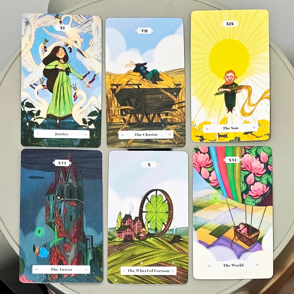 A collection of six illustrated tarot cards from a deck featuring woodland fairy tale and folklore art.