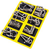A yellow plastic tray holding various metal wire puzzle pieces for a brain teaser or IQ challenge.