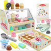 A wooden ice cream counter play set with various ice cream flavors and pretend money for children