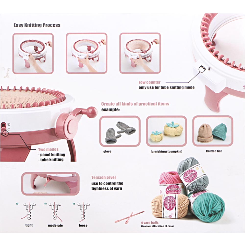 A manual knitting machine is shown with various components and examples of knitted items like gloves, furnishings, and hats.