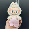 Labubu doll wearing a pink knit outfit and fluffy white hood
