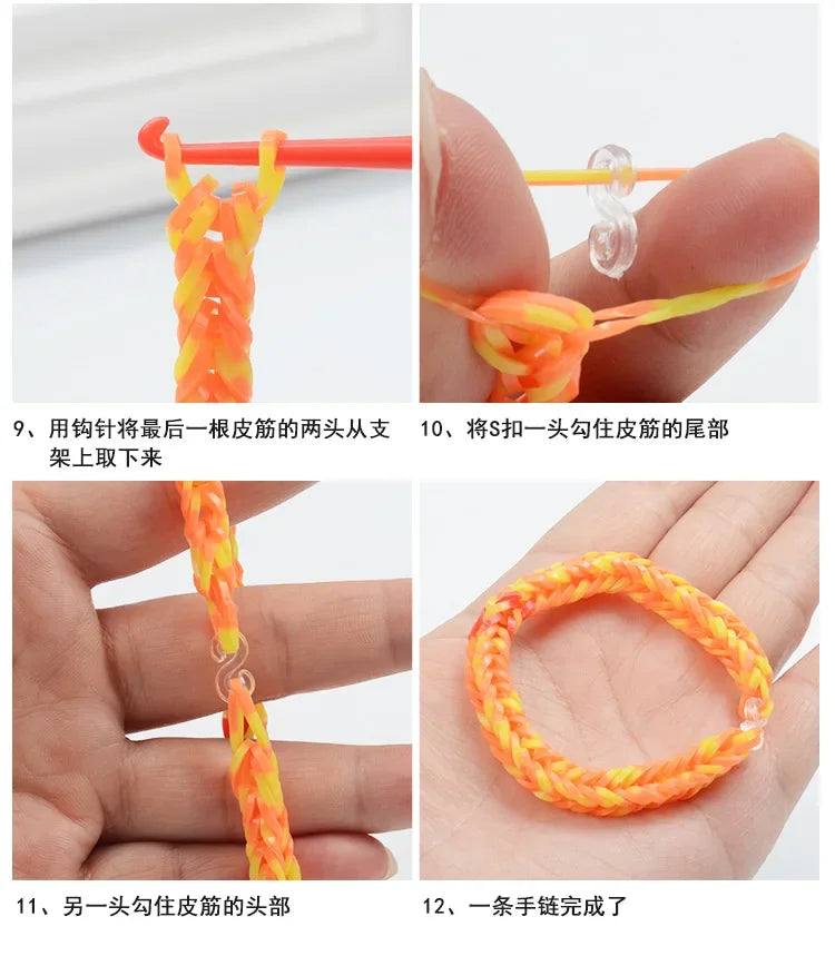 A set of rainbow colored loom bands and tools used for making bracelets.