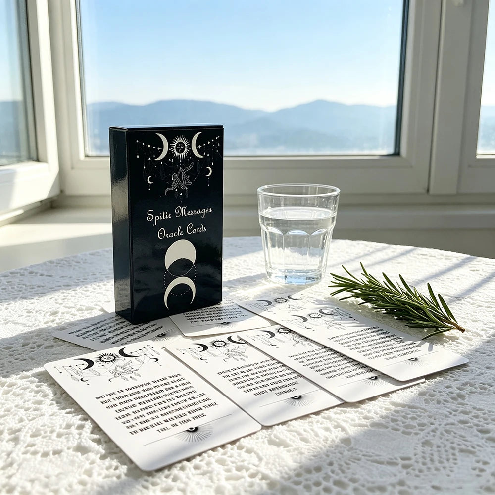 A deck of Spirit Messages Oracle Cards is displayed on a white tablecloth next to a glass and a sprig of rosemary by a window
