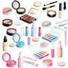 A collection of Pretend Makeup Playset for Kids featuring various cosmetic items like lip glosses, eyeshadows, and makeup bru