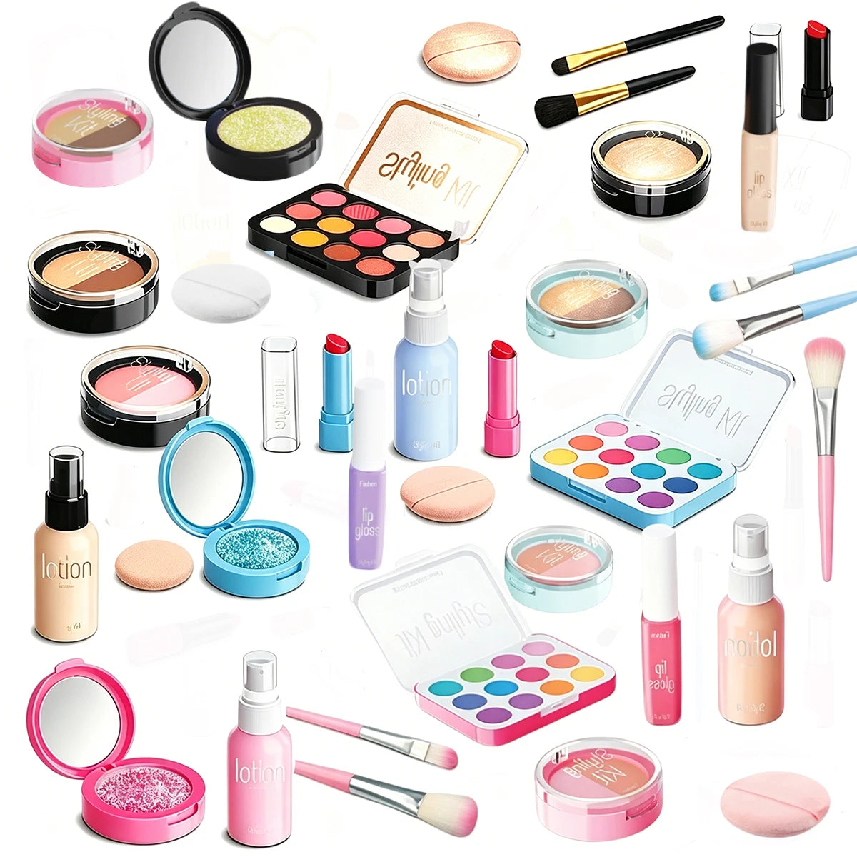 A collection of Pretend Makeup Playset for Kids featuring various cosmetic items like lip glosses, eyeshadows, and makeup bru