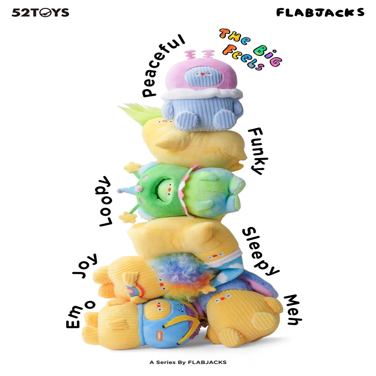 A series of soft plush toys featuring various emotions like peaceful, funky, sleepy, and joyfully happy faces.