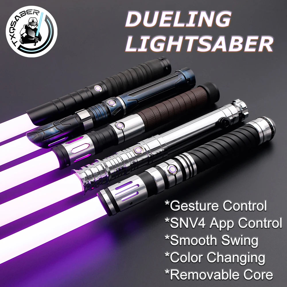 A black lightsaber with an RGB blade is shown alongside its components and control features.