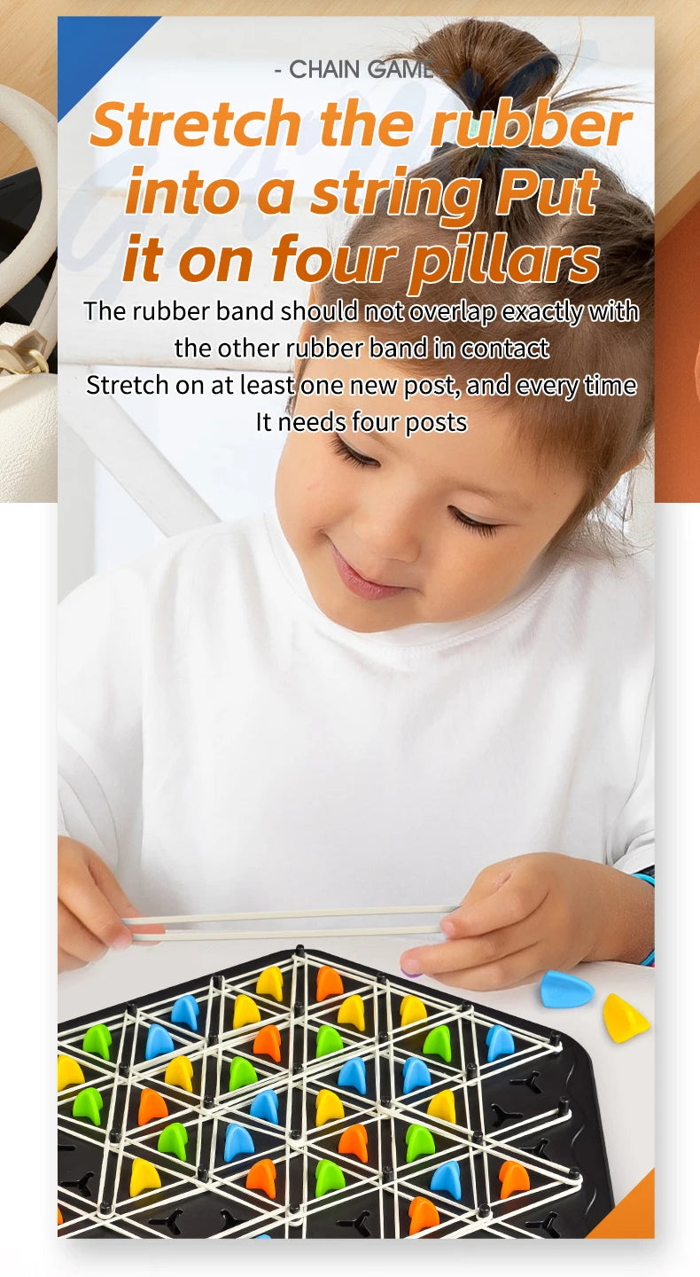 A child is using a rubber band to stretch it onto four pillars on a black triangle chain chess board game.