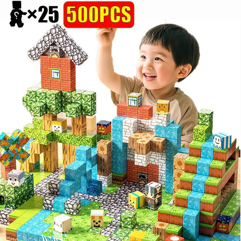 A smiling child is holding up a large structure built from colorful magnetic building tiles.