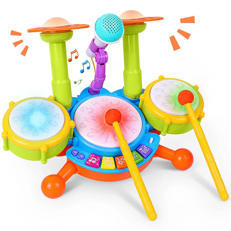 A colorful interactive kids drum set featuring light-up pads, a microphone, and various drum components.
