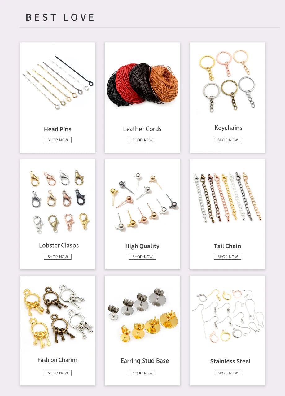 A collection of various jewelry making supplies including head pins, leather cords, keychains, lobster clasps, high quality f