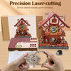 A wooden cuckoo clock puzzle kit featuring a detailed miniature house and clock mechanism.