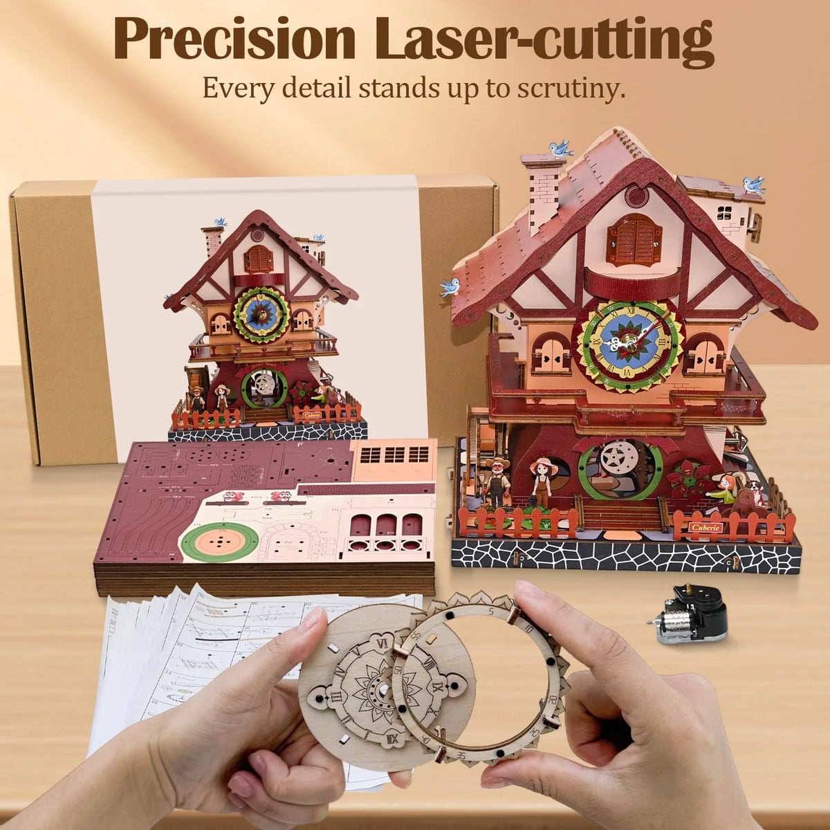 A wooden cuckoo clock puzzle kit featuring a detailed miniature house and clock mechanism.