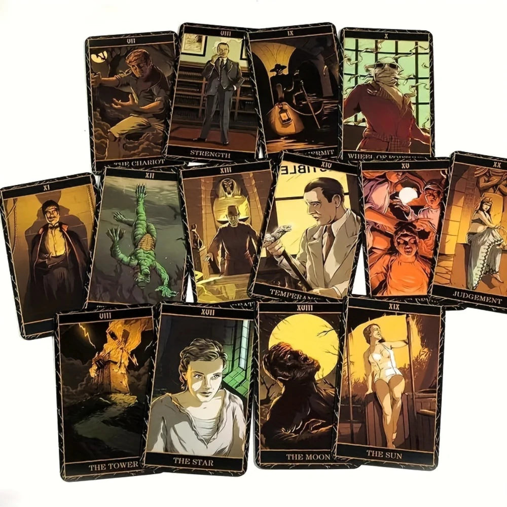 A collection of Monster Tarot cards featuring classic horror characters and themes.