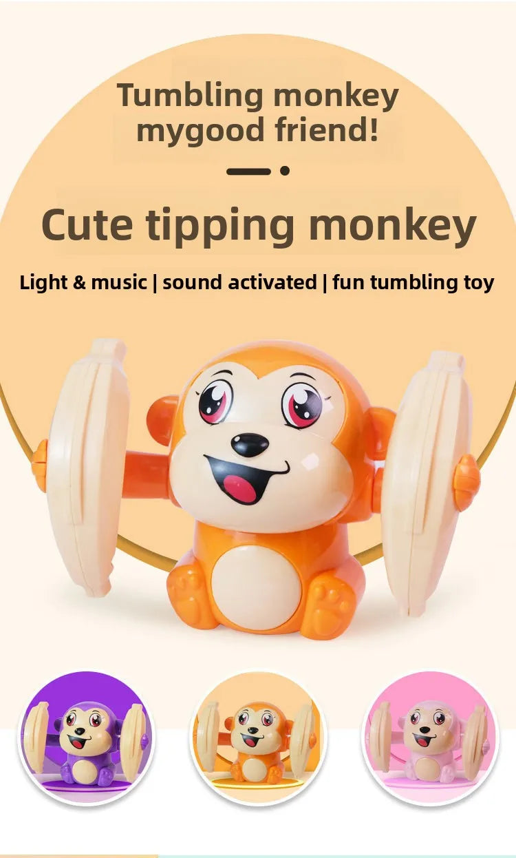 Jouet de singe orange conçu pour les pirouettes, avec fonctions lumière et musique.