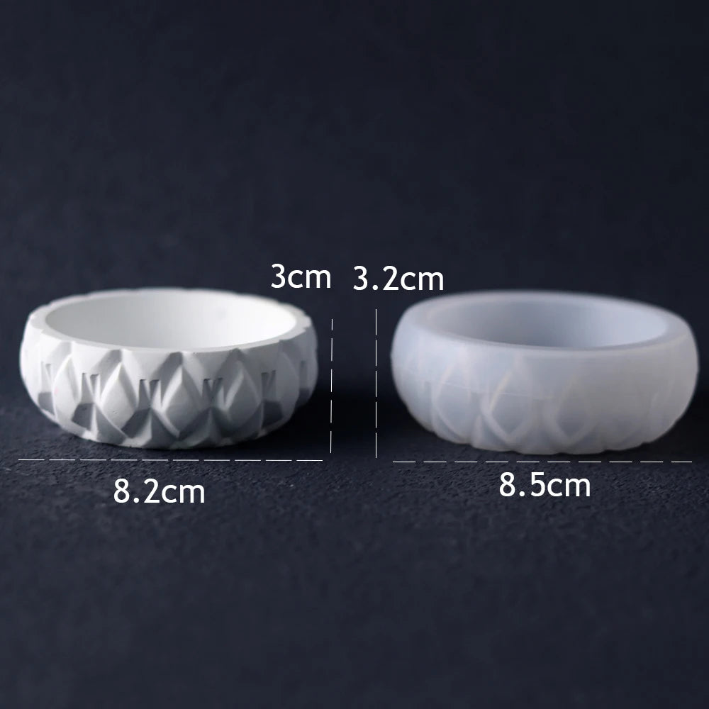 White flexible silicone mold for making vases and planters, shown with dimensions.