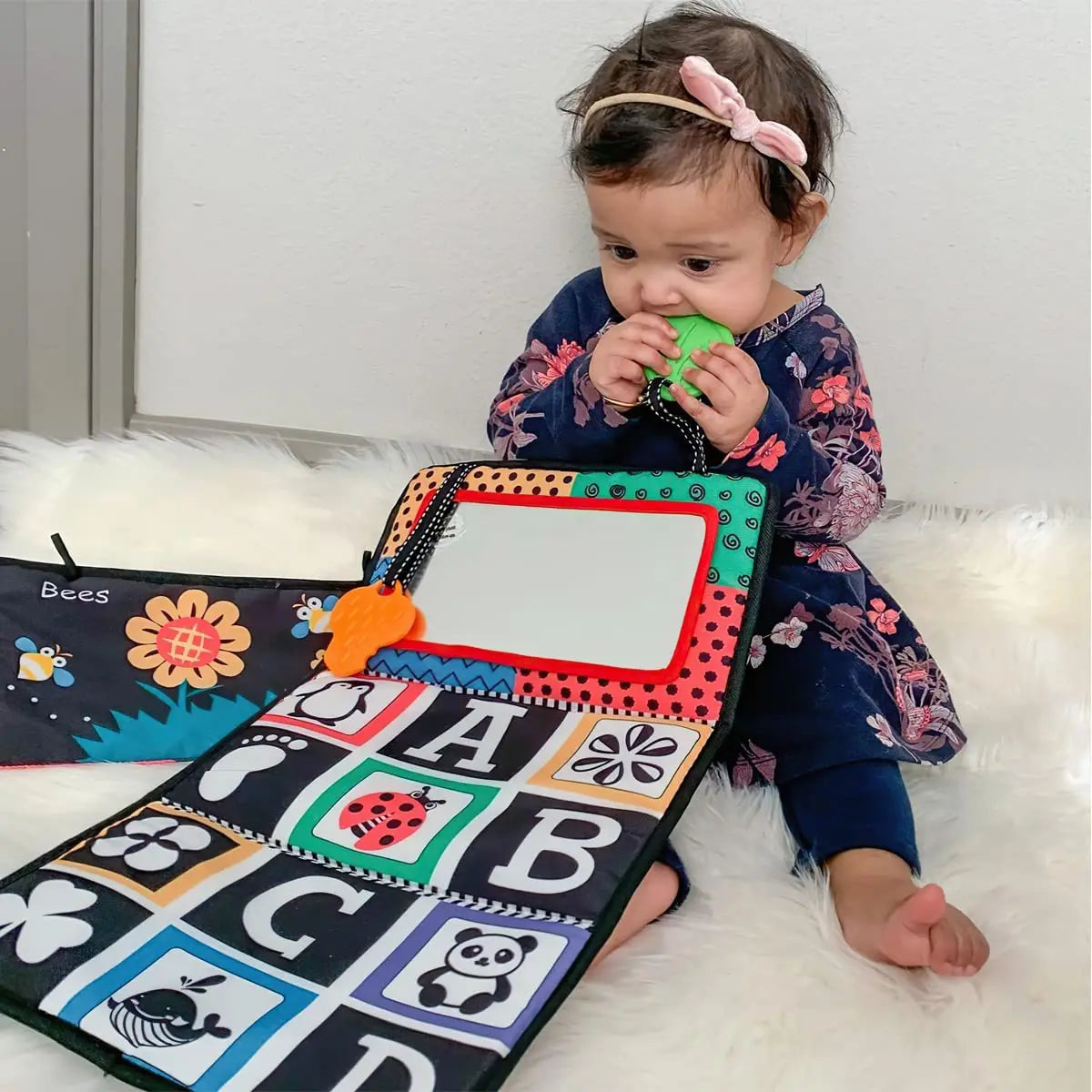 High-Contrast Tummy Time Baby Mirror with Crinkle Cloth Book and Teether