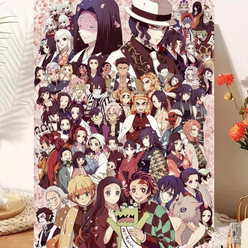 A detailed illustration of characters from Demon Slayer anime used as a jigsaw puzzle.