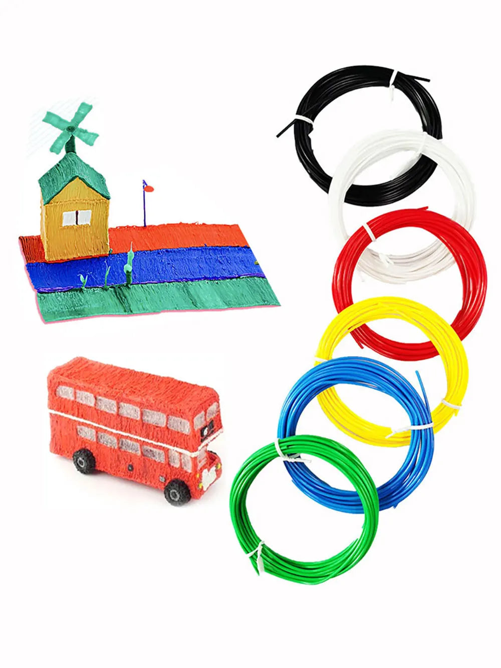 A collection of multi-colored PLA filament spools and a miniature house model.