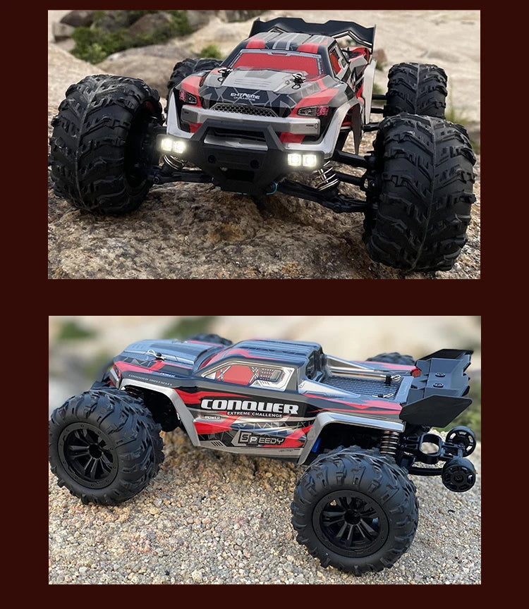 A red and black brushless 4WD monster truck RC car with large tires and LED headlights parked on a rocky surface.