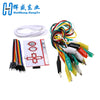 A DIY kit featuring jumper wires, alligator clips, and various colored electrical cables for electronic projects.