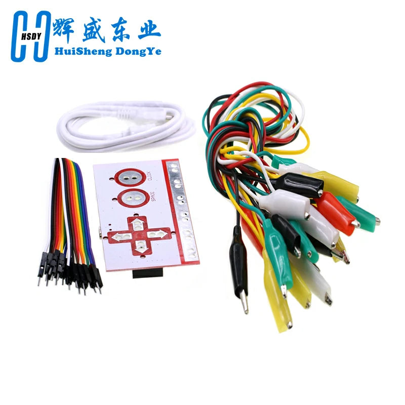 A DIY kit featuring jumper wires, alligator clips, and various colored electrical cables for electronic projects.