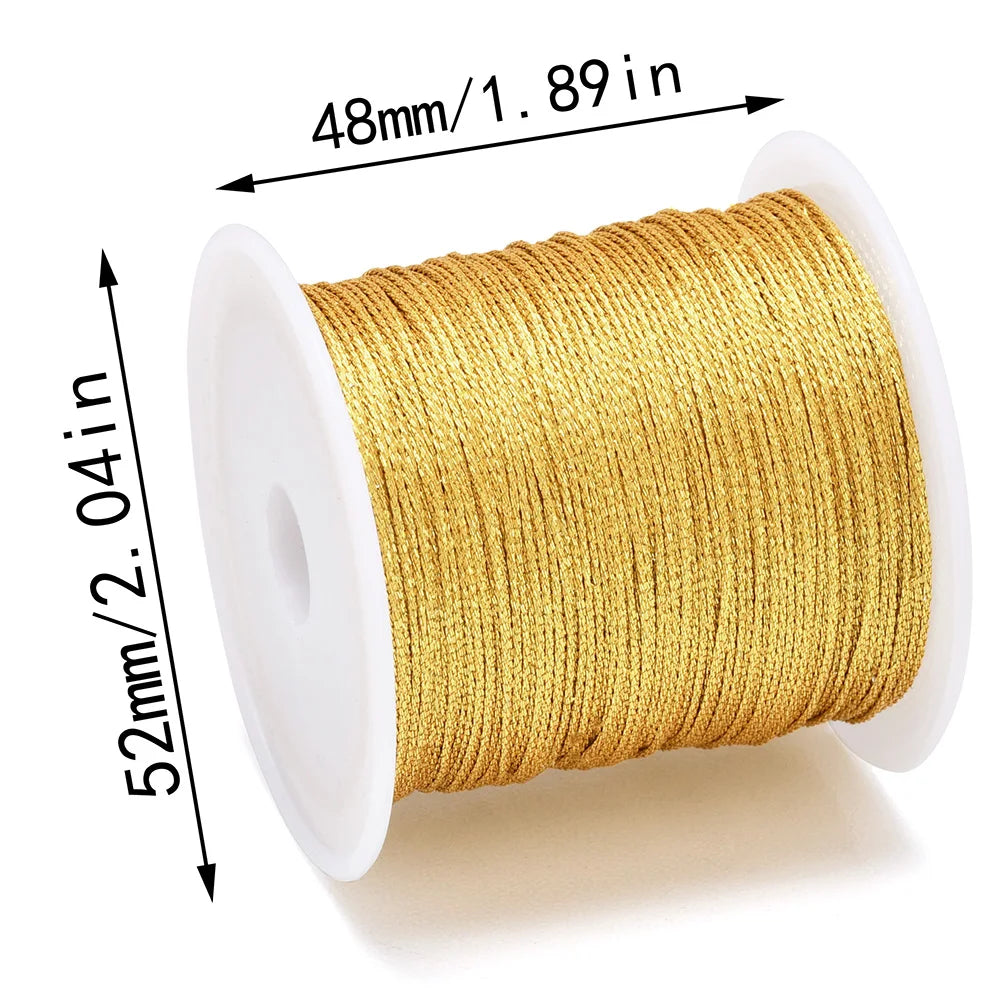 A spool of metallic gold craft cord for jewelry making, measuring 48mm or 1.89 inches.