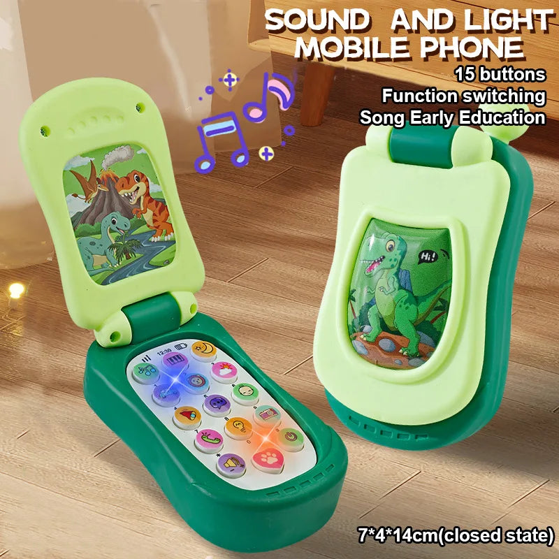 A lime green educational talking puzzle phone with 15 buttons shown in both open and closed states.
