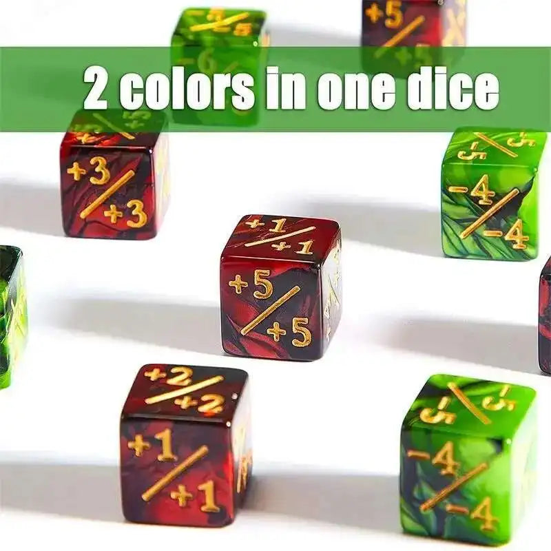 A set of ten dual-color dice showing various positive and negative numbers in green and red colors.