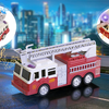 A red and white emergency vehicle playset is shown on a road, with inset images demonstrating its features.
