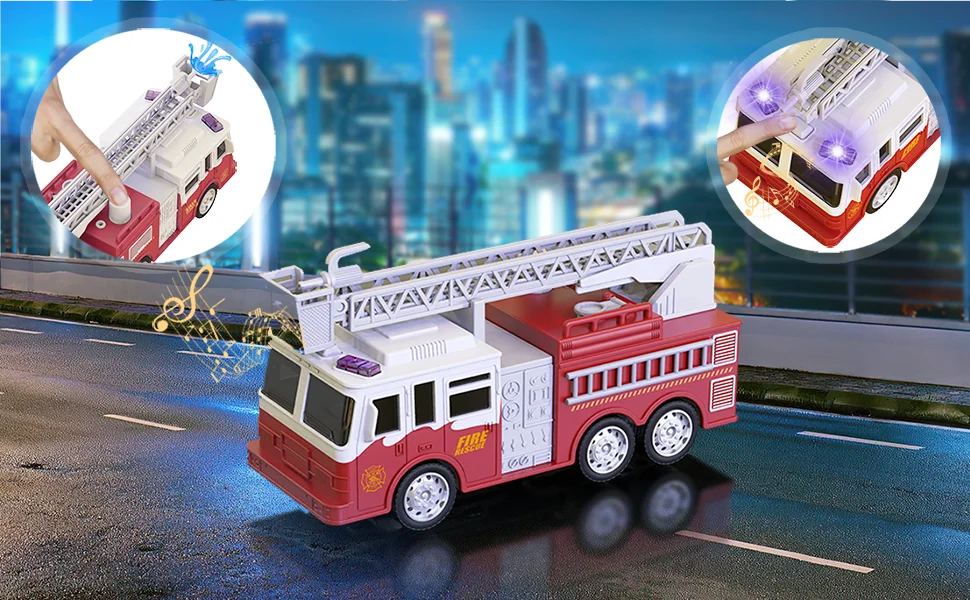 A red and white emergency vehicle playset is shown on a road, with inset images demonstrating its features.
