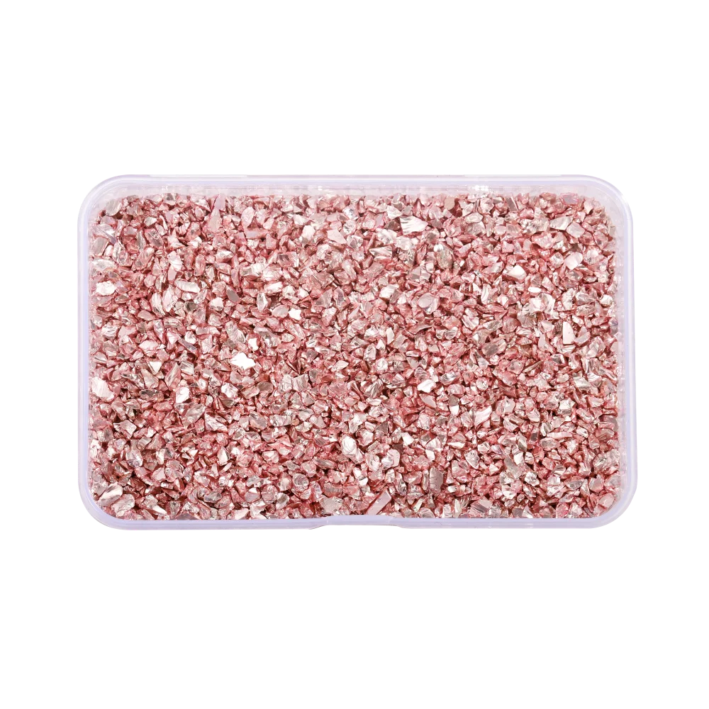 Clear plastic container filled with pink crushed glass stones for resin and craft projects