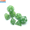 A set of seven small green polyhedral dice used for tabletop role-playing games