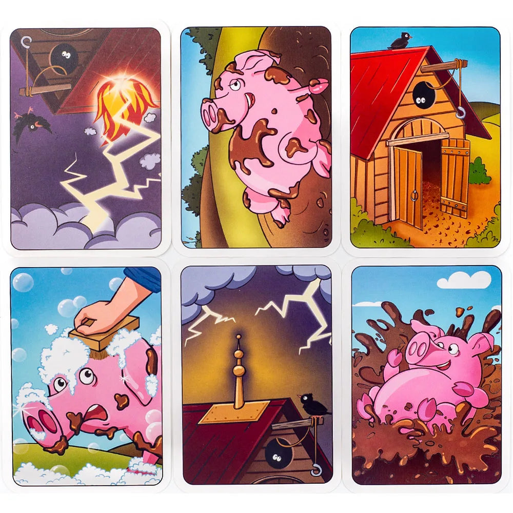 A set of eight illustrated cards featuring pigs in various chaotic and humorous situations for a party game