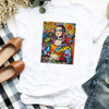 A white t-shirt featuring a colorful, stylized artwork print on the chest.