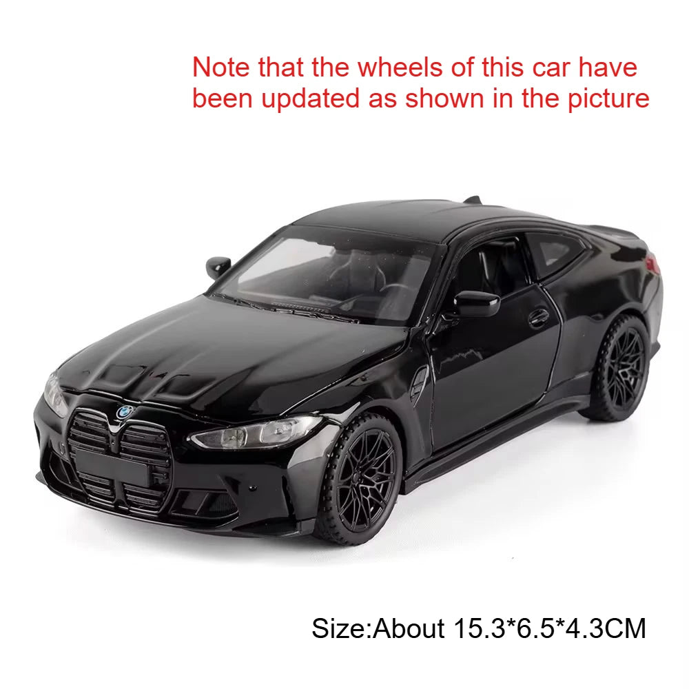 Black 1:32 scale diecast model car of a BMW M4 and X3M with updated wheels
